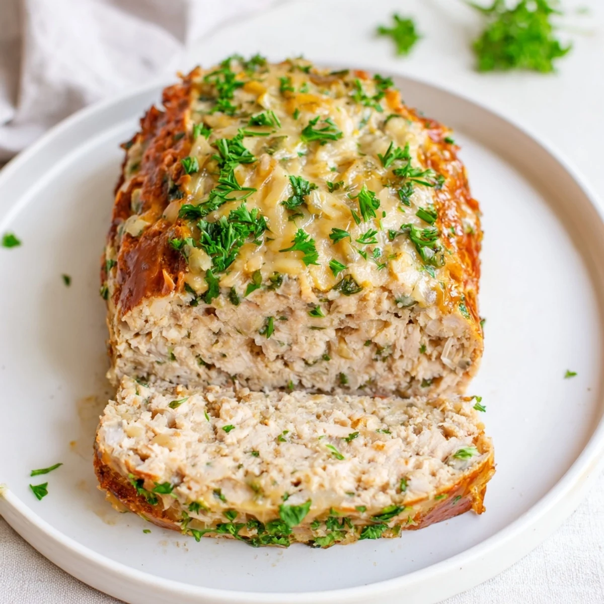 Juicy Garlic Parmesan Chicken Meatloaf, topped with a flavorful glaze, ready to slice and serve.