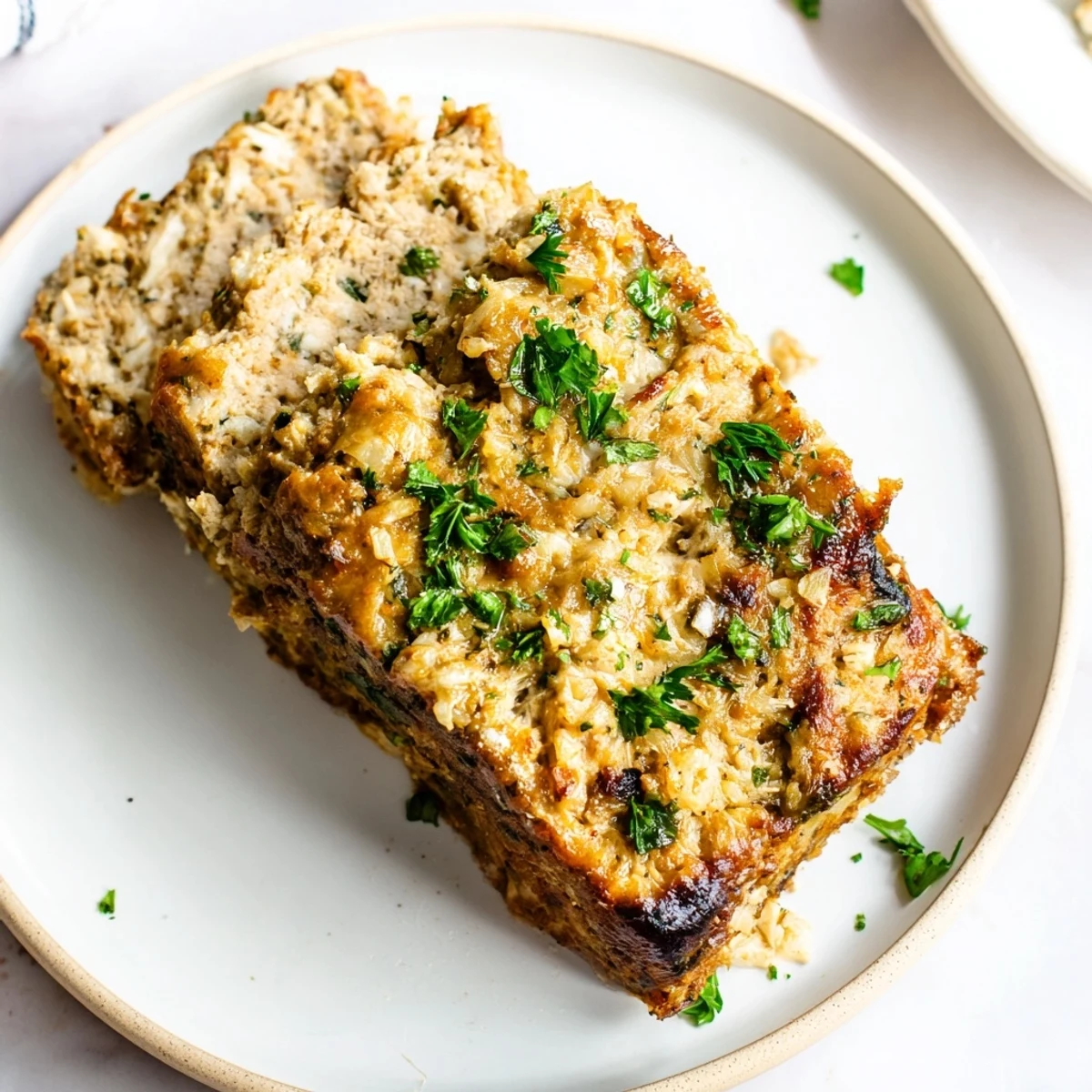 Slices of savory and moist Garlic Parmesan Chicken Meatloaf, ready to eat alongside favorite sides.