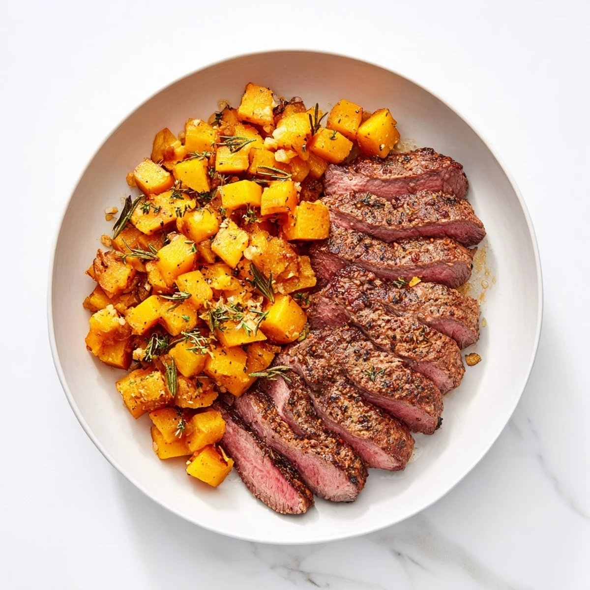 Golden butternut squash and garlic herb steak bowls, a hearty meal with tender sirloin steak.