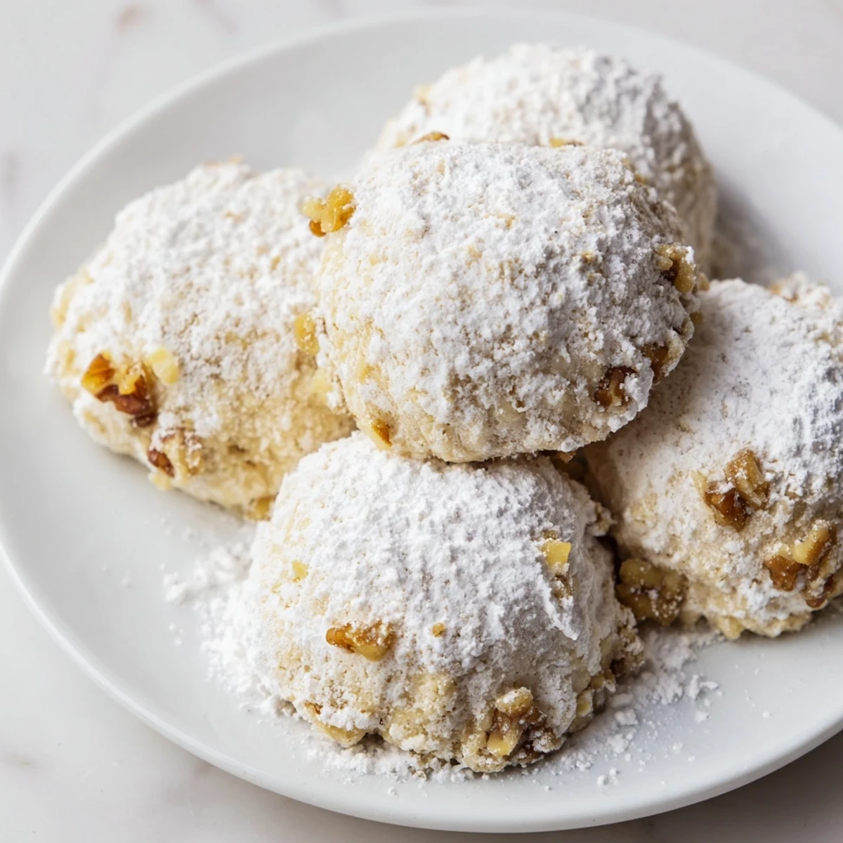 Perfect dessert: Close-up of snowy Budget-Friendly Snowball Cookies, dusted with extra powdered sugar.