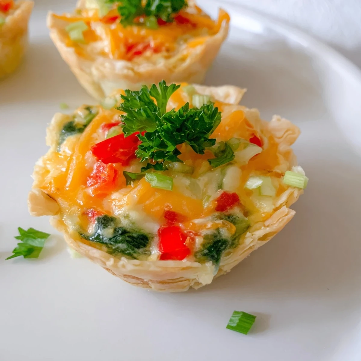 Golden-brown Easy Festive Mini Quiche Cups, with cheesy filling and colorful veggie toppings ready to eat.