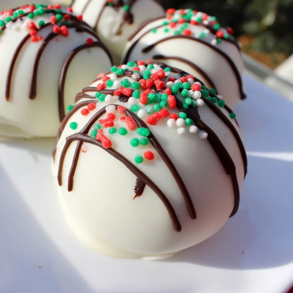 Melted white chocolate covers each Simplified Christmas Oreo Truffle, sprinkled with festive holiday colors.