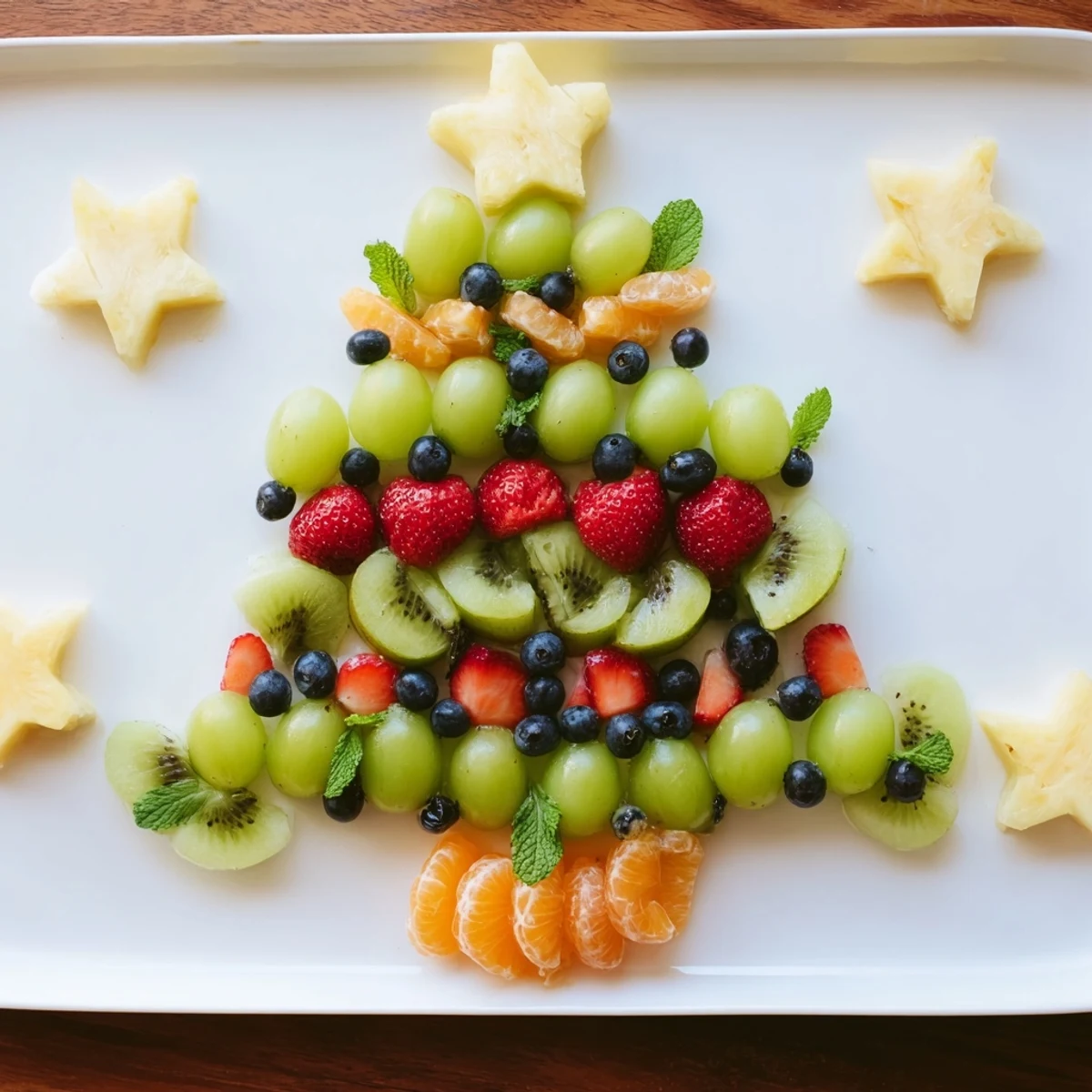 Vibrant Quick Christmas Tree Fruit Platter, a delightful healthy dessert perfect for a holiday snack or appetizer.