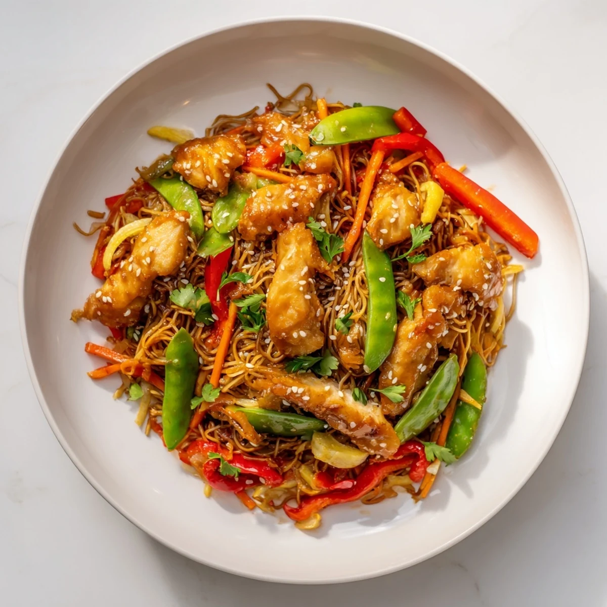 Steaming hot Lemon-Garlic Chicken Stir Fry with Noodles, with vibrant veggies and savory aroma.