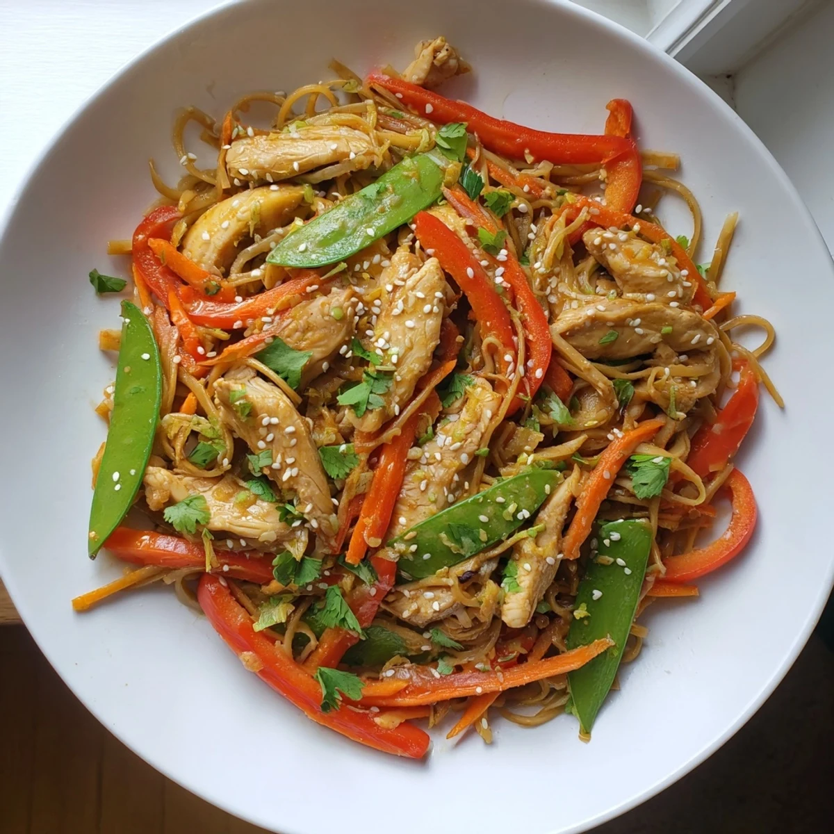 A close-up of the Lemon-Garlic Chicken Stir Fry with Noodles; you can almost smell the zesty lemon.