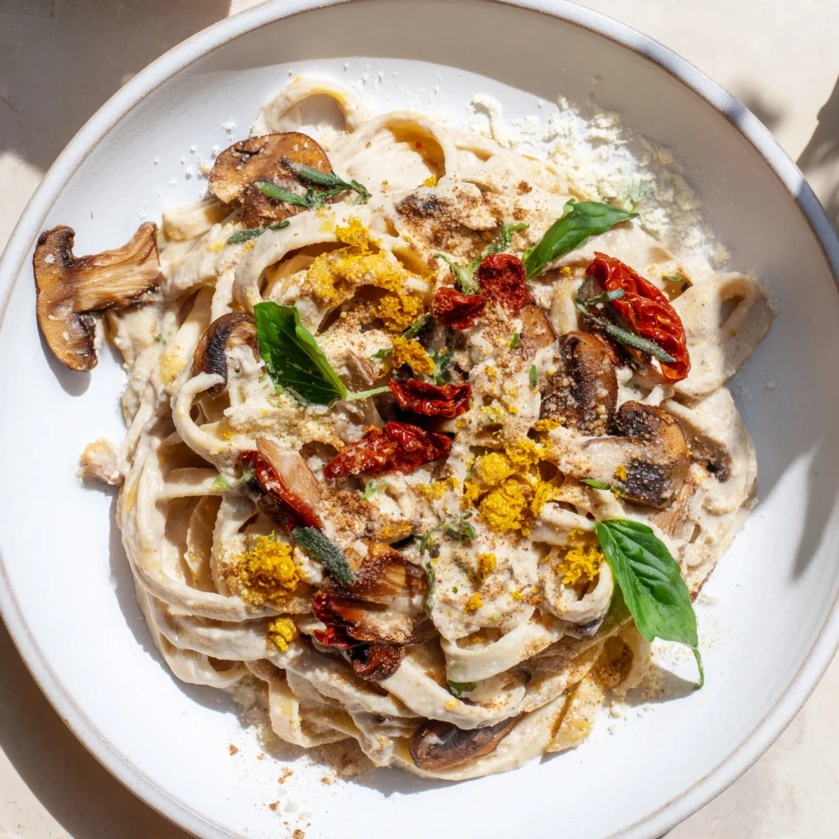 Creamy Vegan Marry Me Mushroom Pasta, featuring golden mushrooms, ready to serve, and fresh basil.
