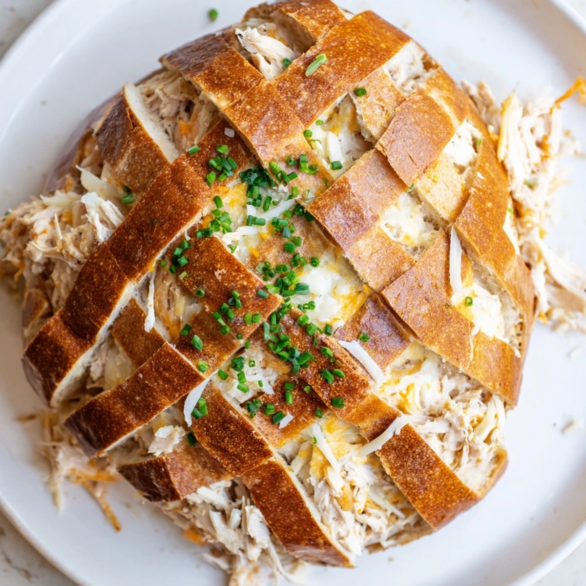 Gooey, cheesy Leftover Chicken Bake Pull-Apart Bread: a comforting, bubbly, and savory main dish.