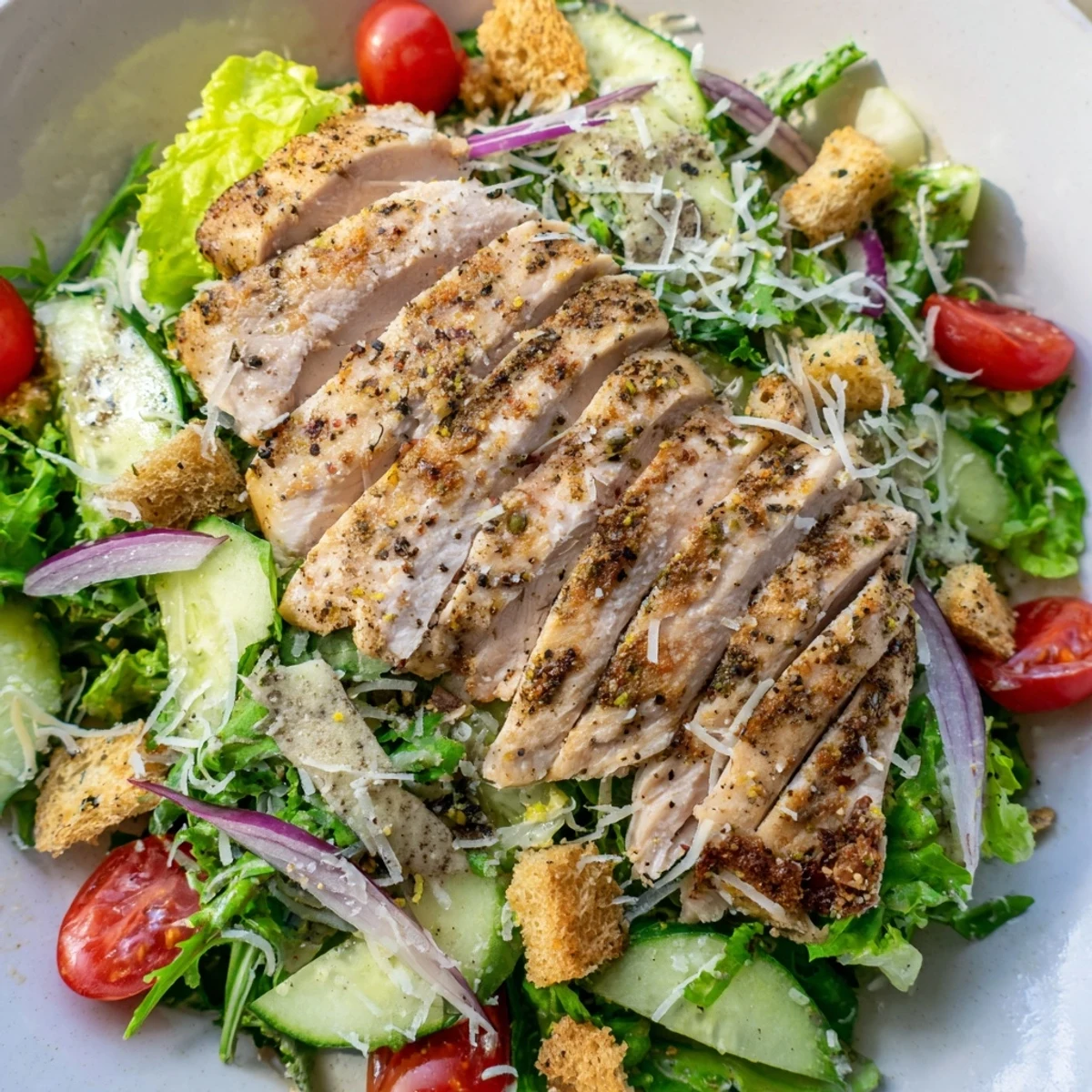 Quick Crunchy Lemon Parmesan Chicken Salad, filled with juicy chicken, and fresh, crisp vegetables drizzled with tangy dressing.