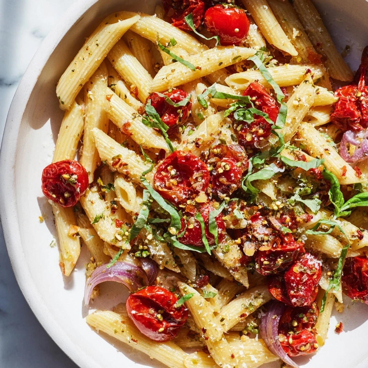 Golden baked tomato & olive oil pasta with glistening tomatoes and fresh basil, a vegetarian delight.
