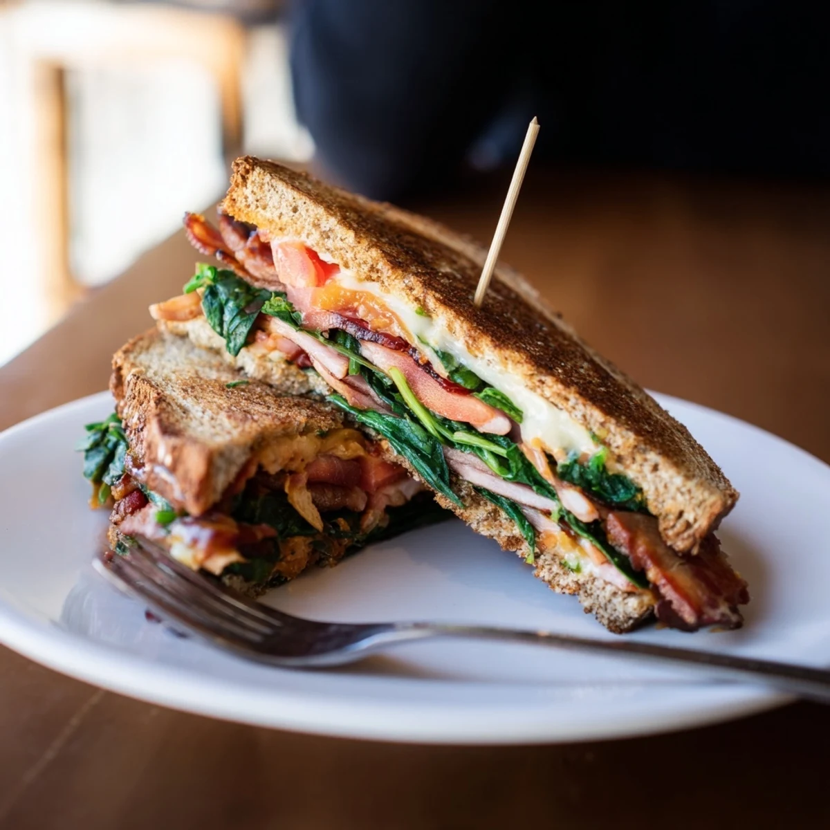 Golden-brown Turkey Bacon, Spinach & Tomato Protein Grilled Cheese, perfect for a satisfying lunch or dinner.