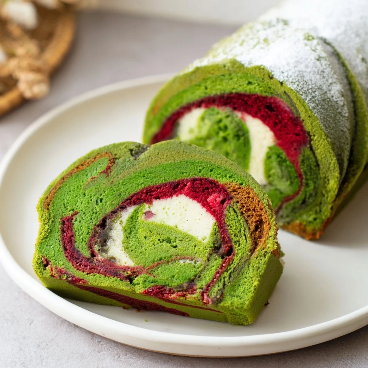 Swirly matcha marble pound cake, featuring vibrant green and red swirls, ready to slice and enjoy.