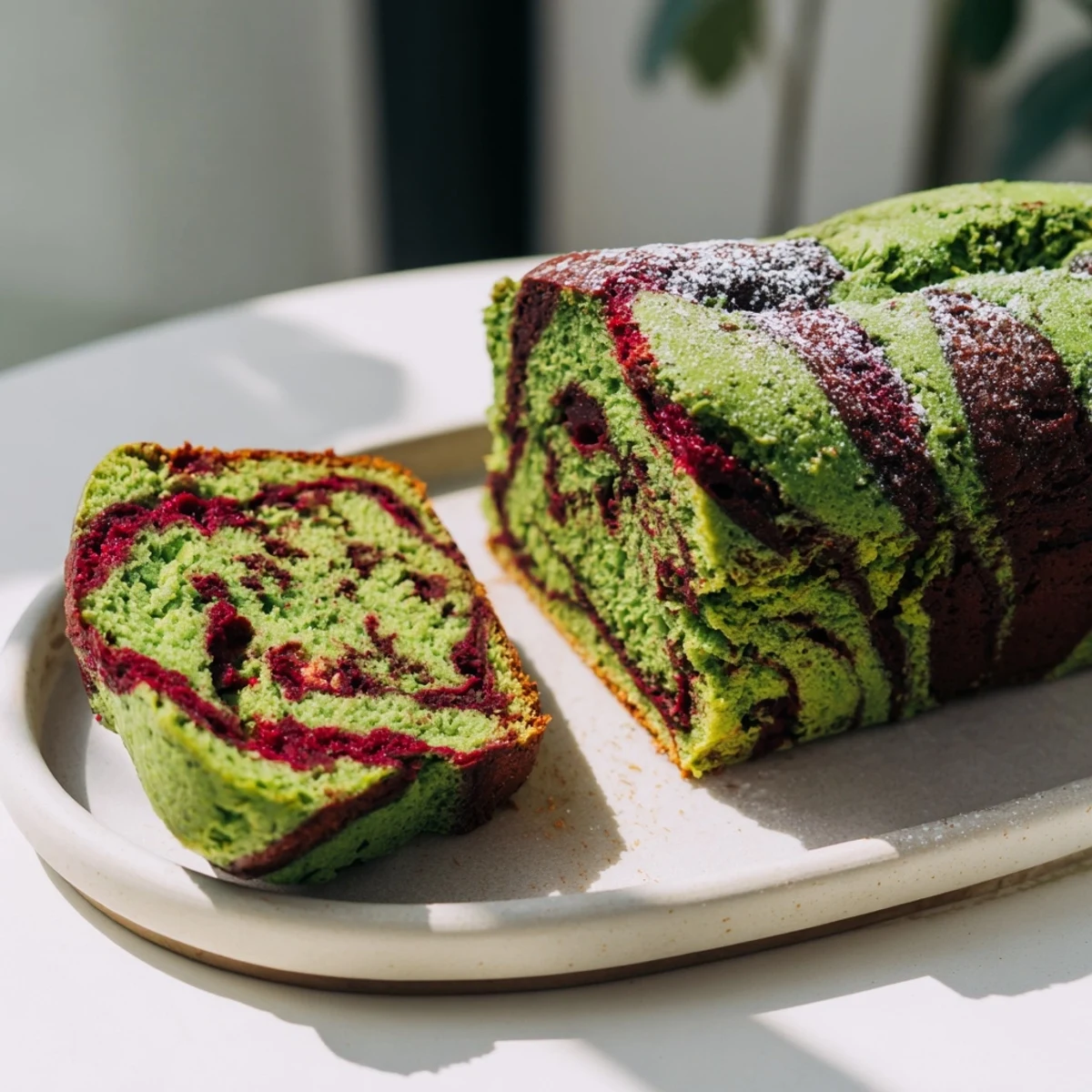 Moist slices of red and green swirl matcha marble pound cake, perfect with tea or coffee.
