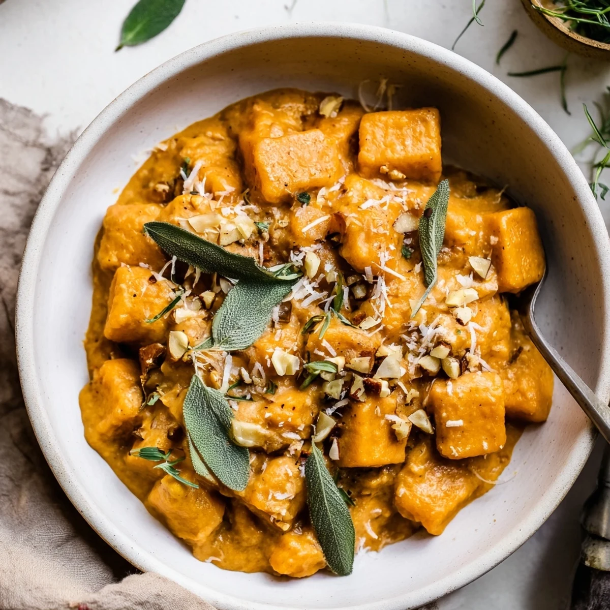 A steaming bowl of one-pot creamy pumpkin sage gnocchi, plated and ready to enjoy.