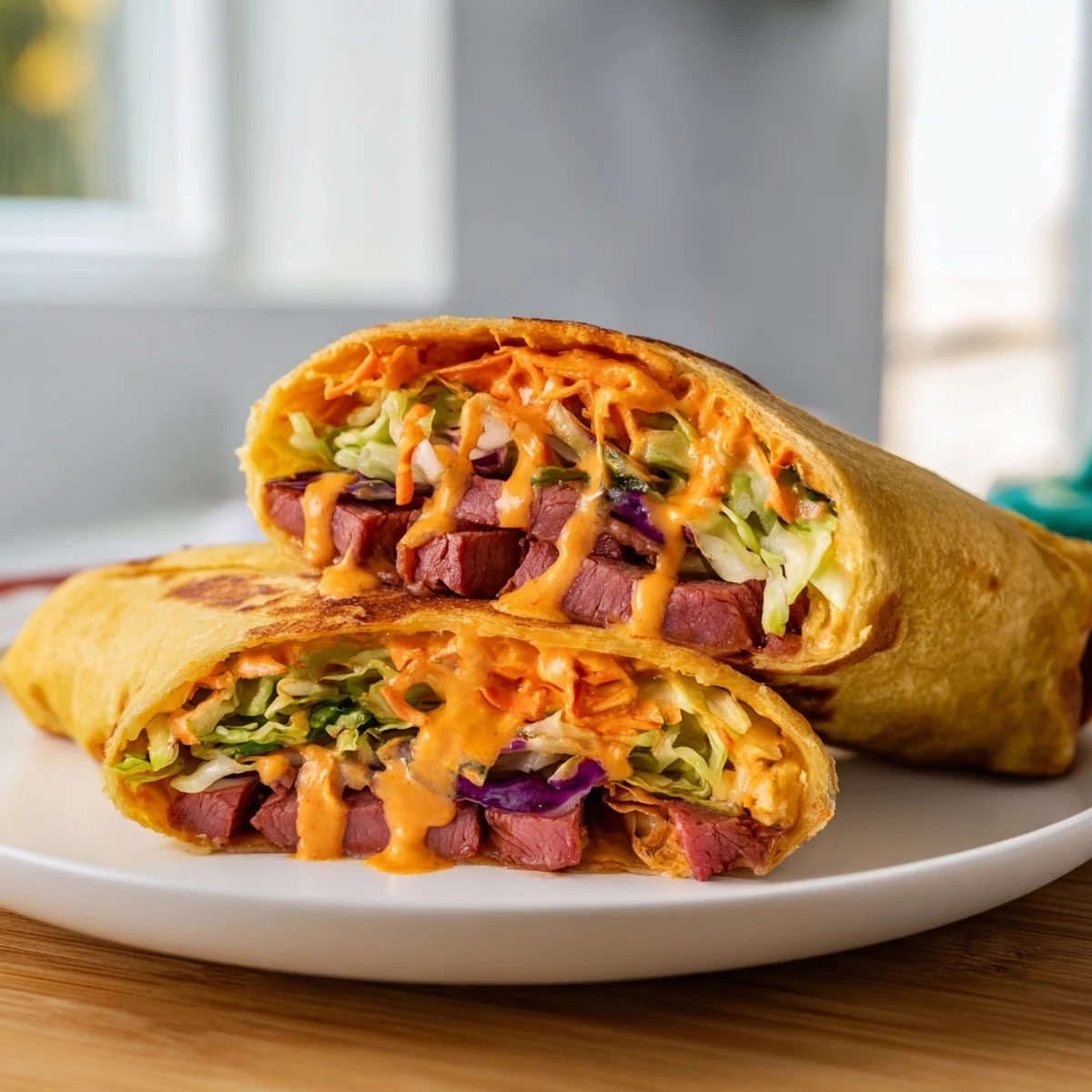 Golden-brown Air Fryer Buffalo Turkey Christmas Wraps, filled with turkey, veggies, and tangy buffalo sauce.