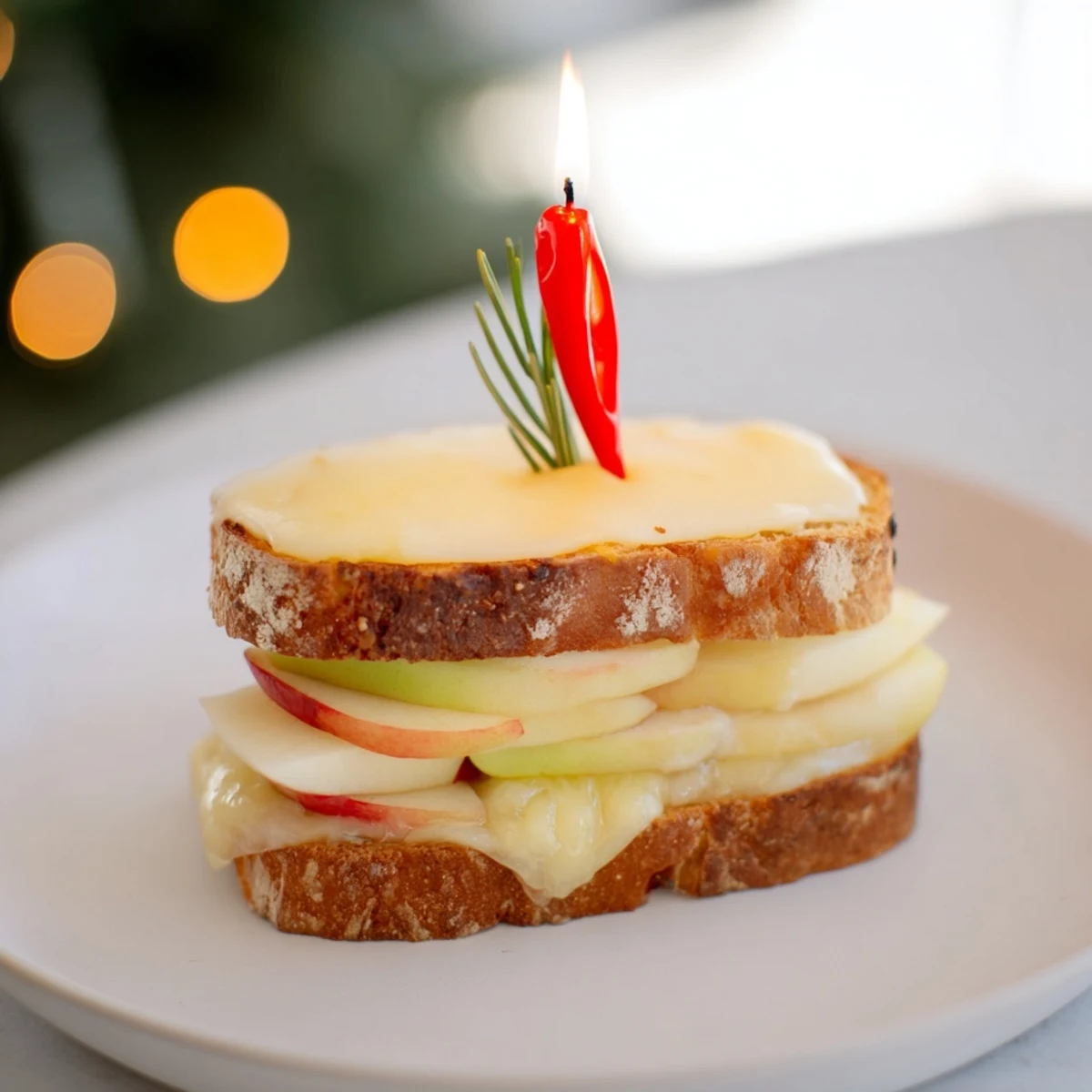 Festive close-up: A beautifully styled Brie, Apple & Honey Christmas Candle Grilled Cheese, ready for holiday enjoyment.