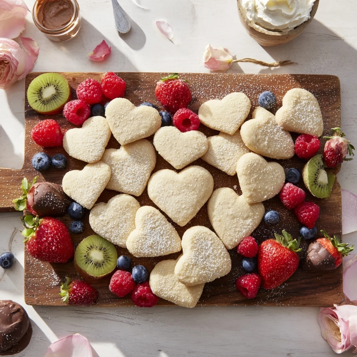 Love Letter Dessert Board loaded with fresh berries, cookies, and chocolates, perfect for a romantic date night.