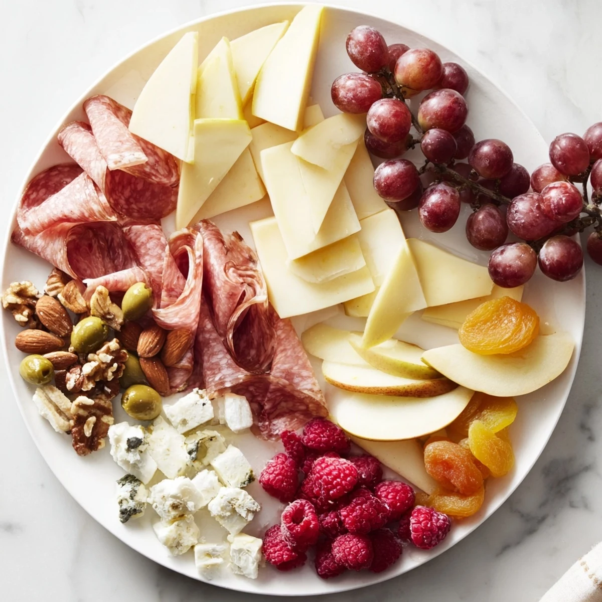 A Lace & Pearls elegant board showcasing creamy Brie, salty prosciutto, and jewel-toned grapes for a party.