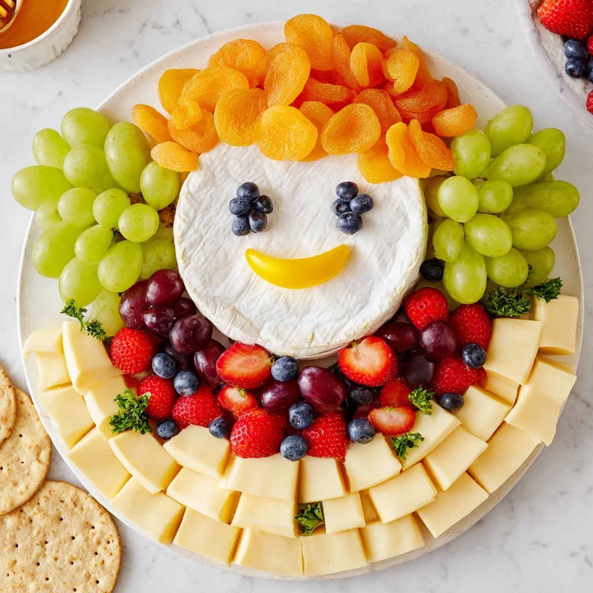 A lovingly crafted Cherub Angel Snack Tray is displayed with grapes, cheese, and festive arrangement details.
