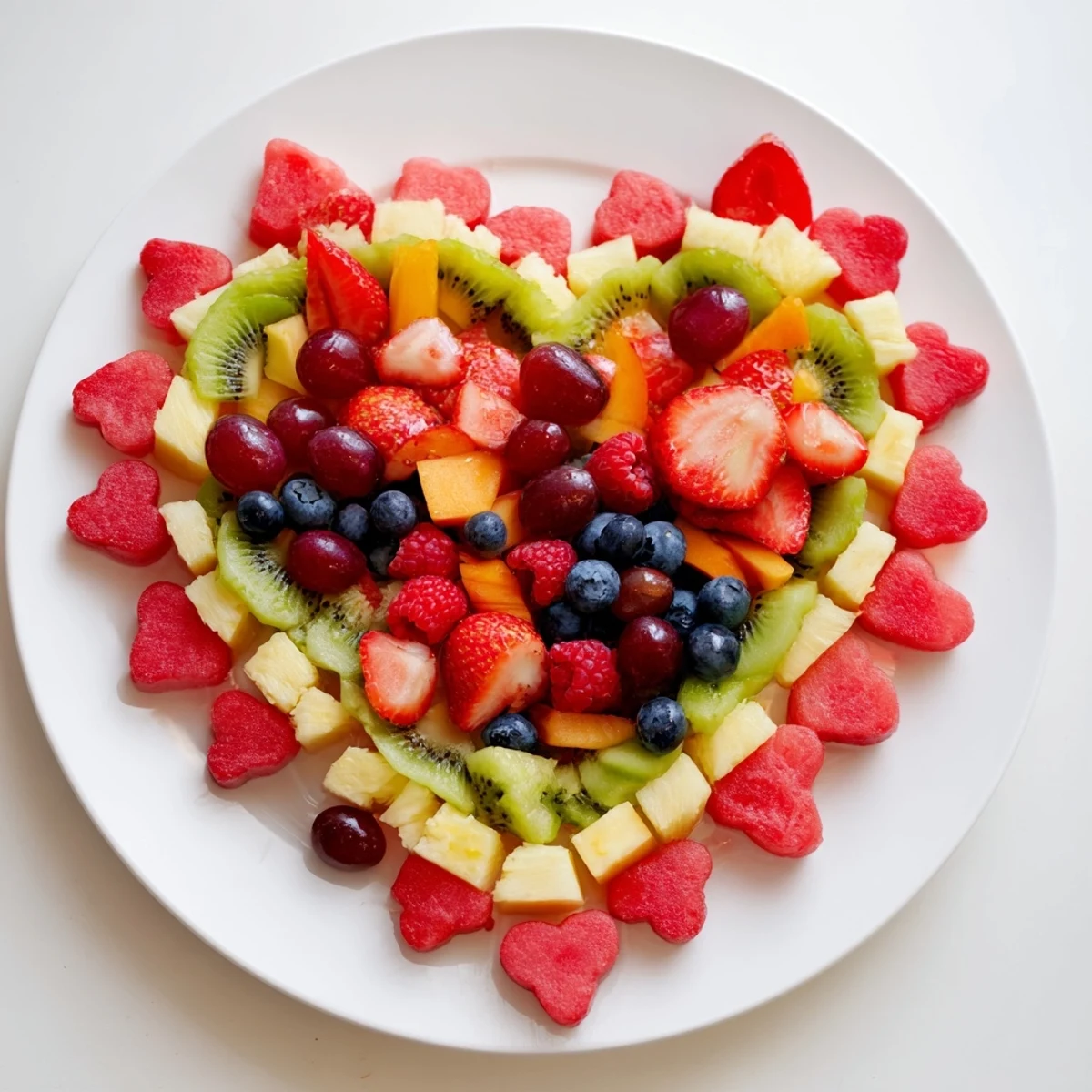 Vibrant Sweetheart Fruit Board: Colorful fruit, perfect for romance—strawberries, watermelon hearts, and berries.