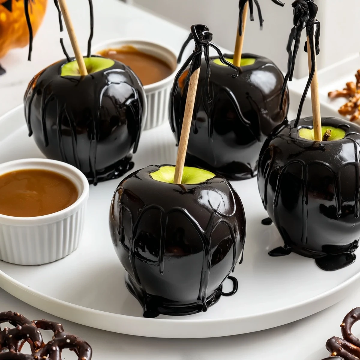 Vibrant Halloween candies and caramel sauce surround the decadent poison apples on this dessert board.