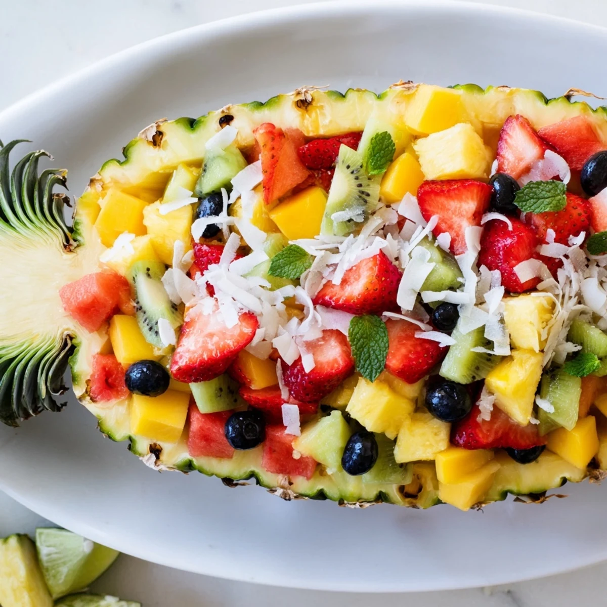 A refreshing close-up of a Tropical Bliss Pineapple Fruit Boat, ready for a summer picnic or party.
