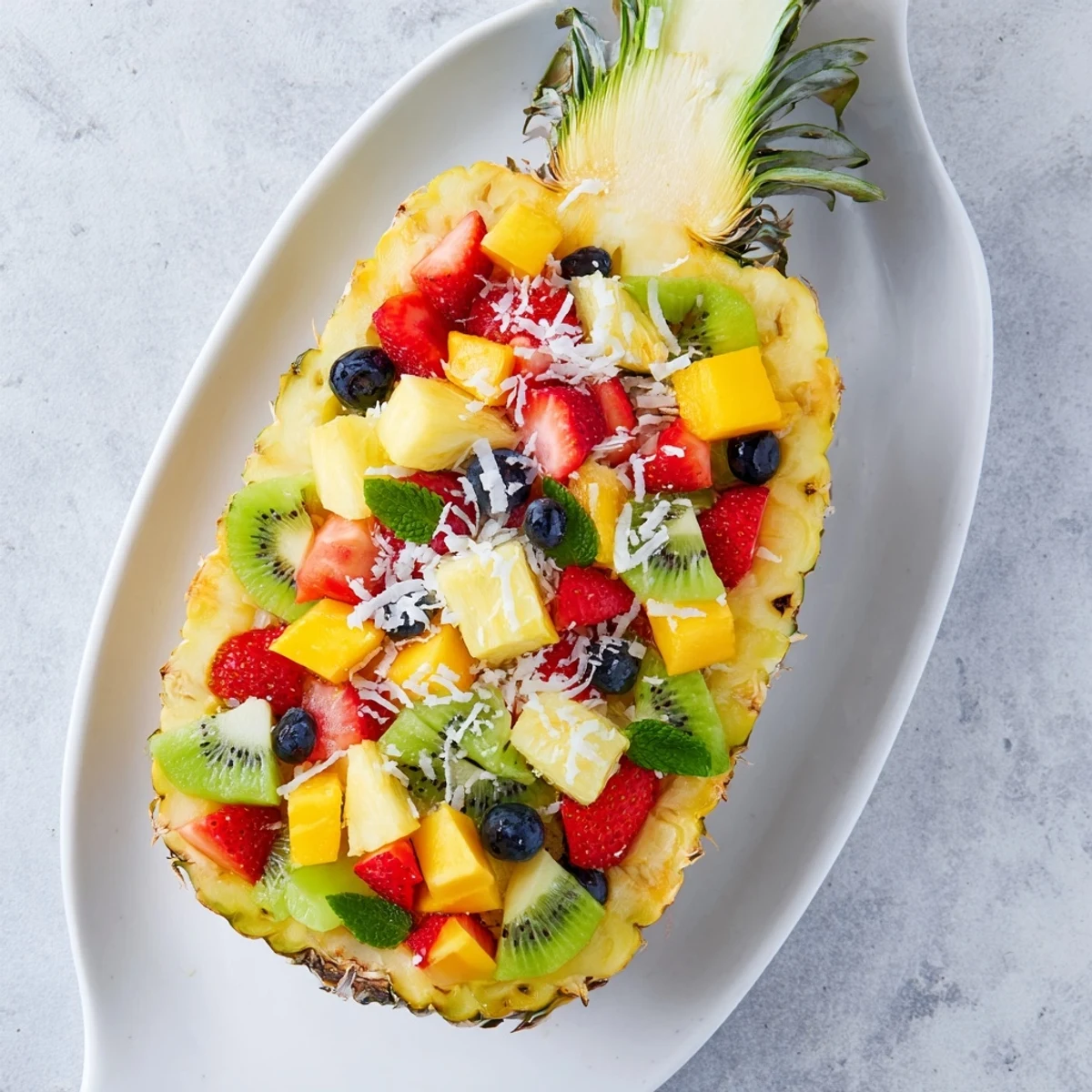 Vibrant Tropical Bliss Pineapple Fruit Boat overflowing with colorful, juicy fresh fruit and garnished to perfection.