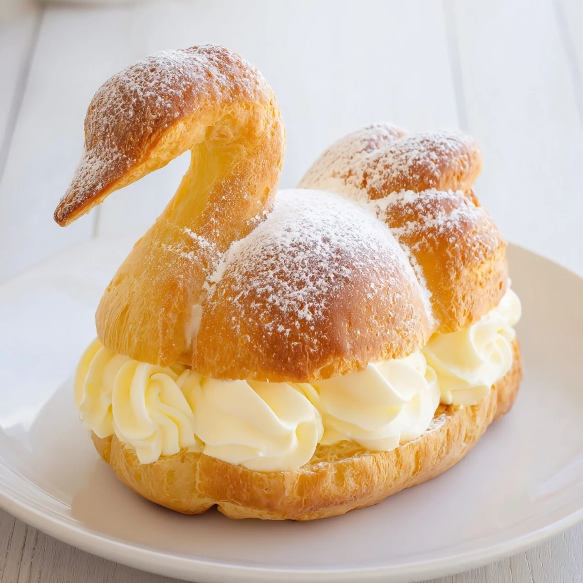 Feathered Friend Swan pastry platter, delicate swan-shaped cream puffs, dusted with powdered sugar, ready to serve.