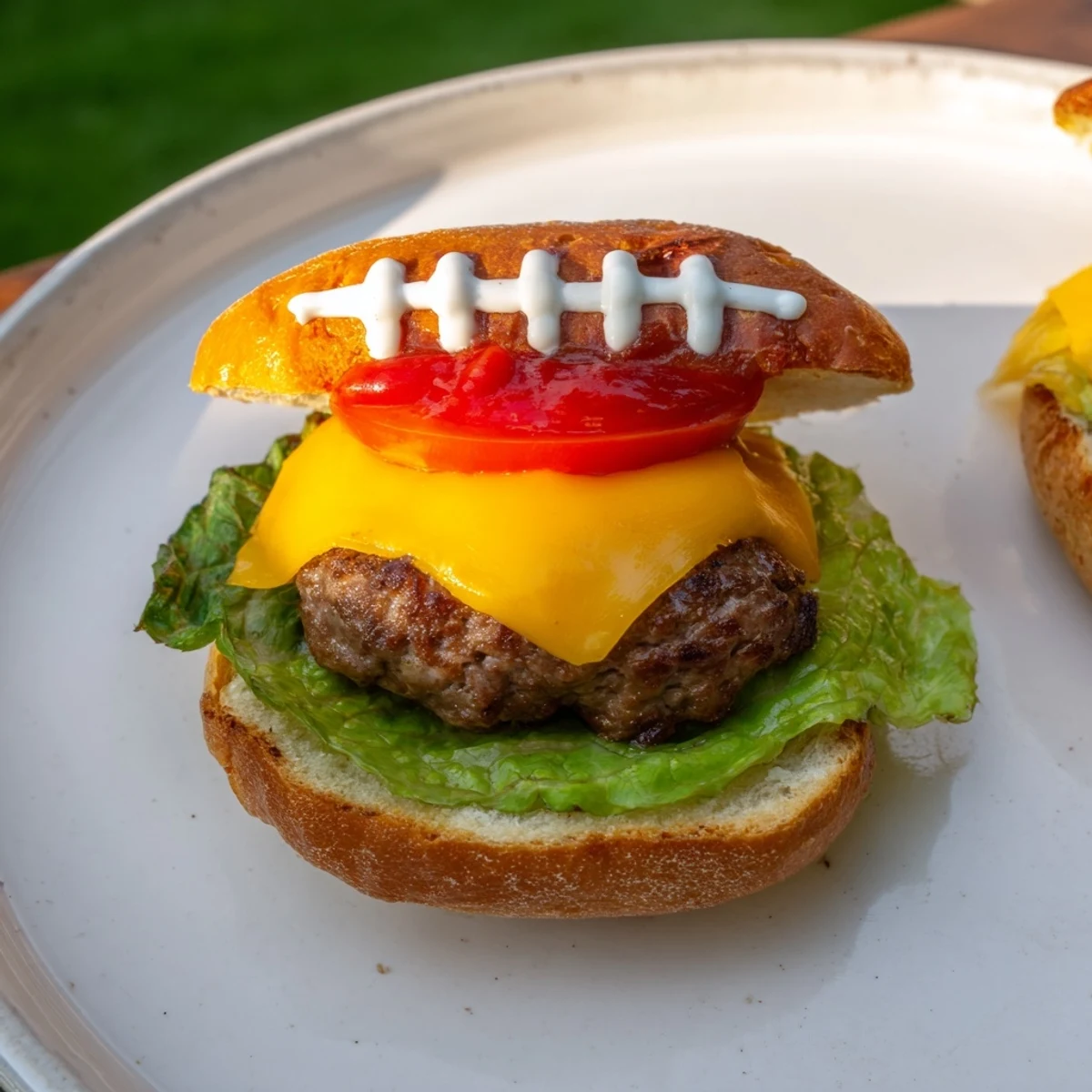 American Football Oval Burger Platter, showcasing mini burgers with melted cheese and fresh toppings, ready to enjoy.