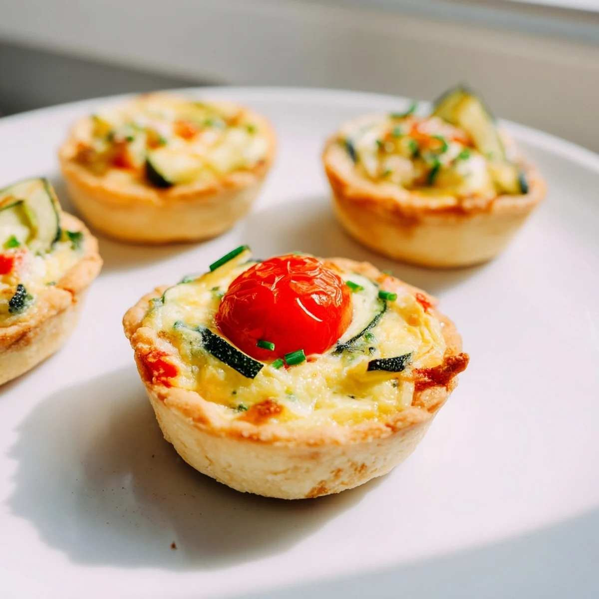 Mini Couronne Florale Quiches with golden crusts are garnished with fresh herbs, ready for a brunch.
