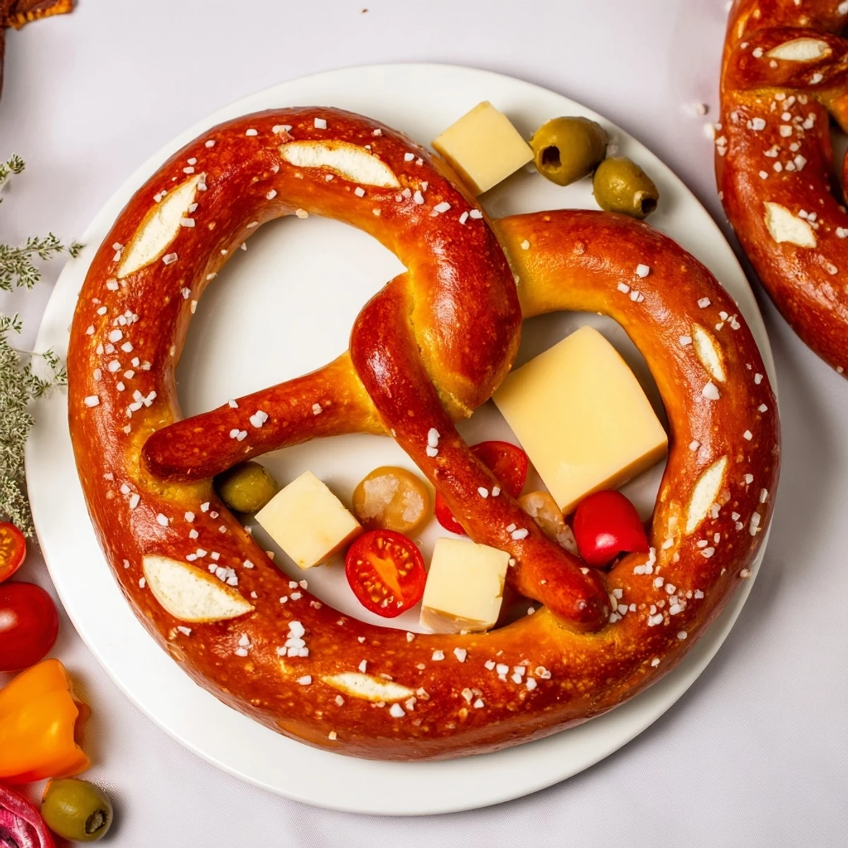 Close-up of the delicious Bretzel Arbre de Vie; pretzels, cheese, and vegetables offer a perfect party appetizer.