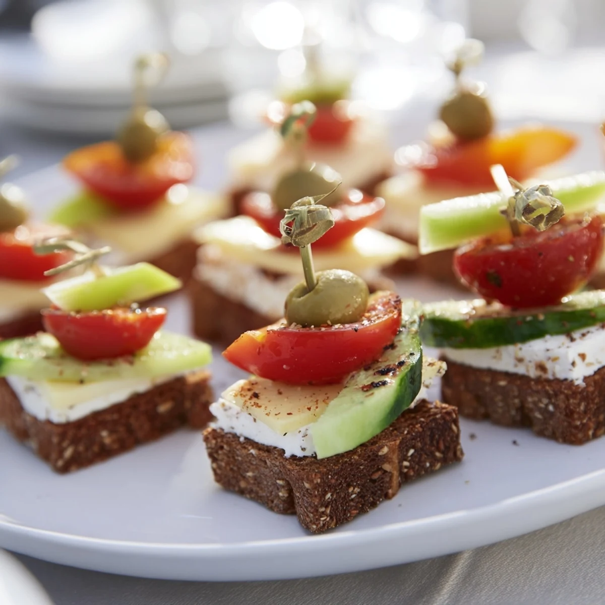 Savory Urban Skyscraper Appetizers, beautifully stacked with cheese, veggies, and crackers ready to eat.