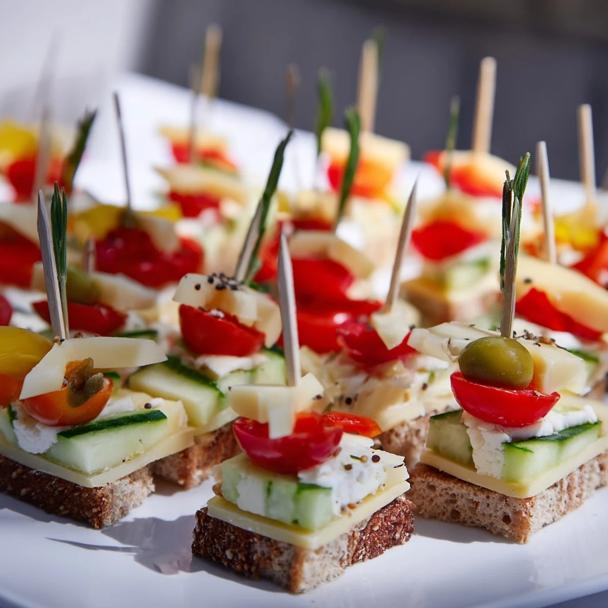 Urban Skyscraper Appetizers with colorful vegetable and cheese towers, perfect for a party.