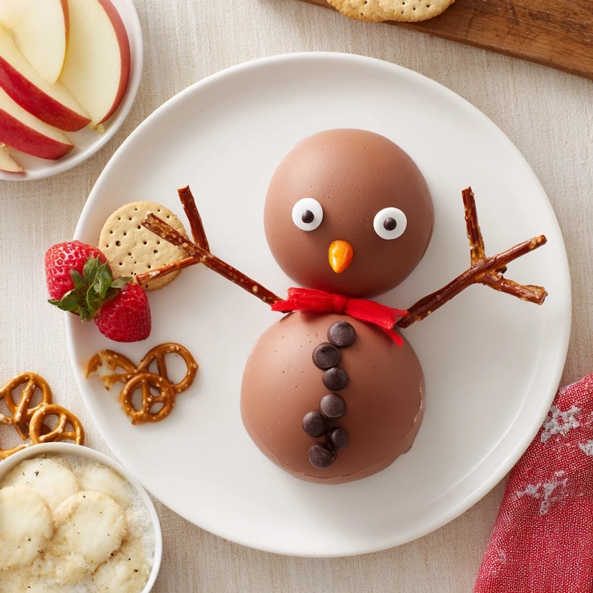 A whimsical hot cocoa dip snowman, complete with pretzel arms, ready for delicious dipping.