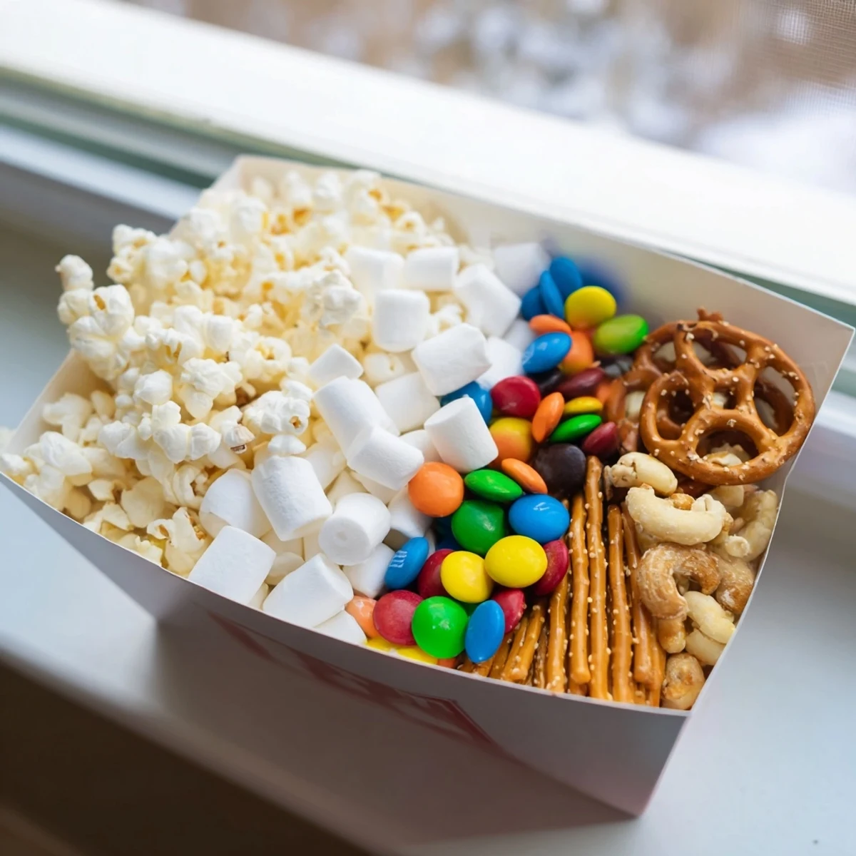 Colorful arrangement of goodies fills each popcorn box, creating a fun movie night treat display.