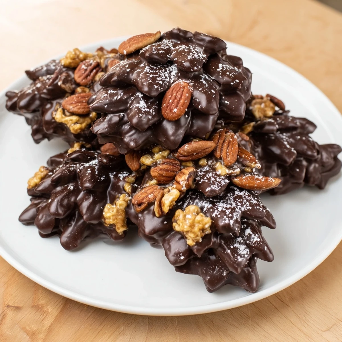 Golden oval Pinecone Chocolate Nut Clusters, packed with toasted nuts, ready for a dessert plate.