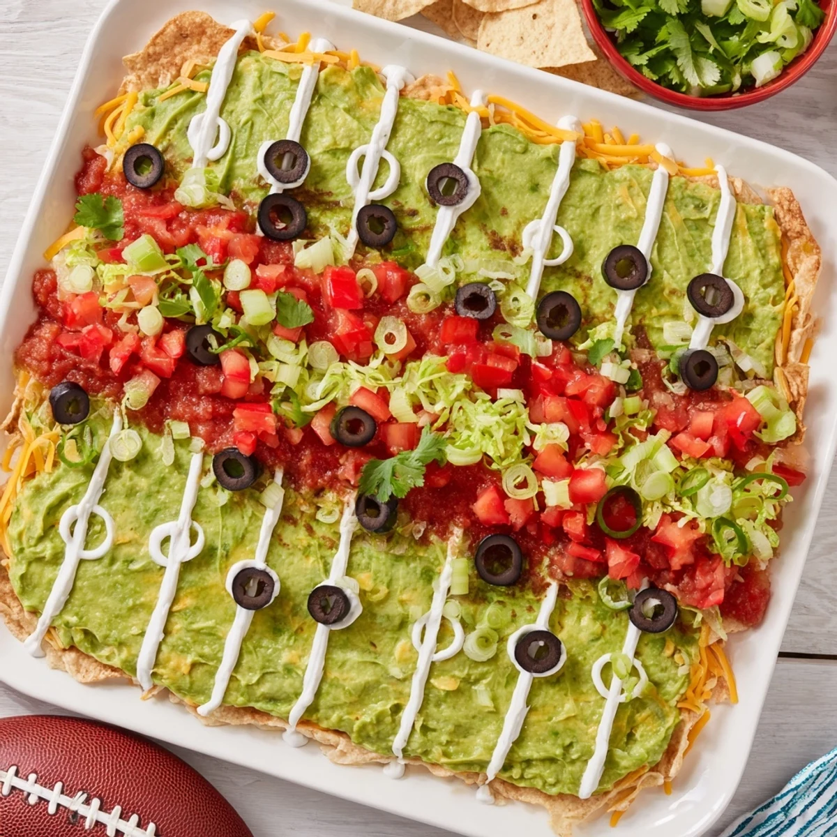 Layered Football Field Dip platter with vibrant toppings and tortilla chips for dipping.