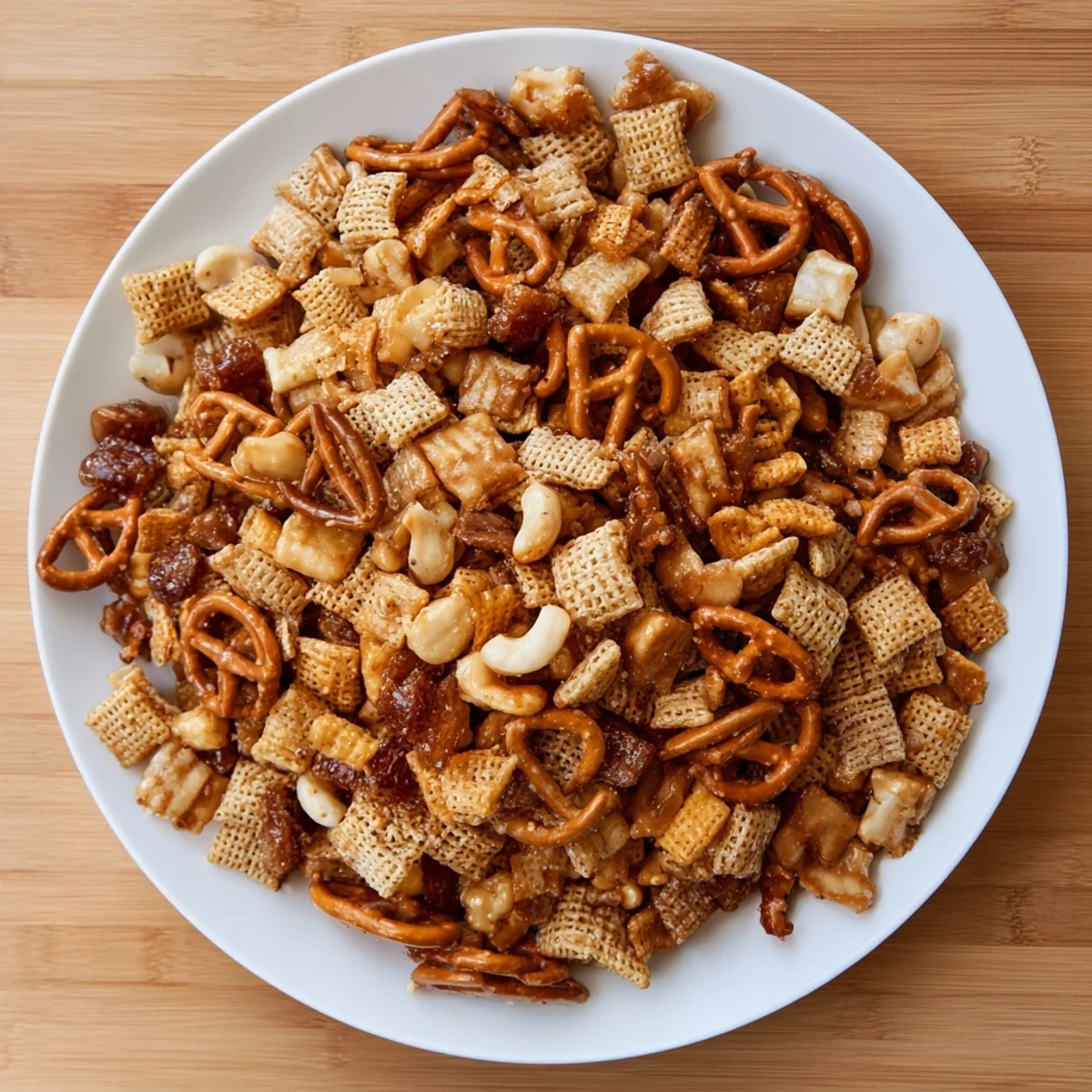 Golden, crisp Party Mix: Sparkling Cider Snack Mix with dried apples, ideal for a holiday spread.