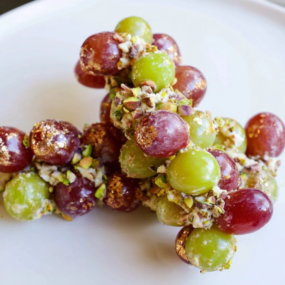 Sparkling grape cluster appetizer glistening with cheese-covered grapes and chopped toasted pecans.