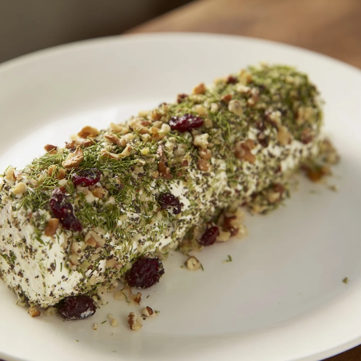 Creamy Winter Snowdrift Goat Cheese Log, covered in herbs and nuts, ready to serve with crackers.