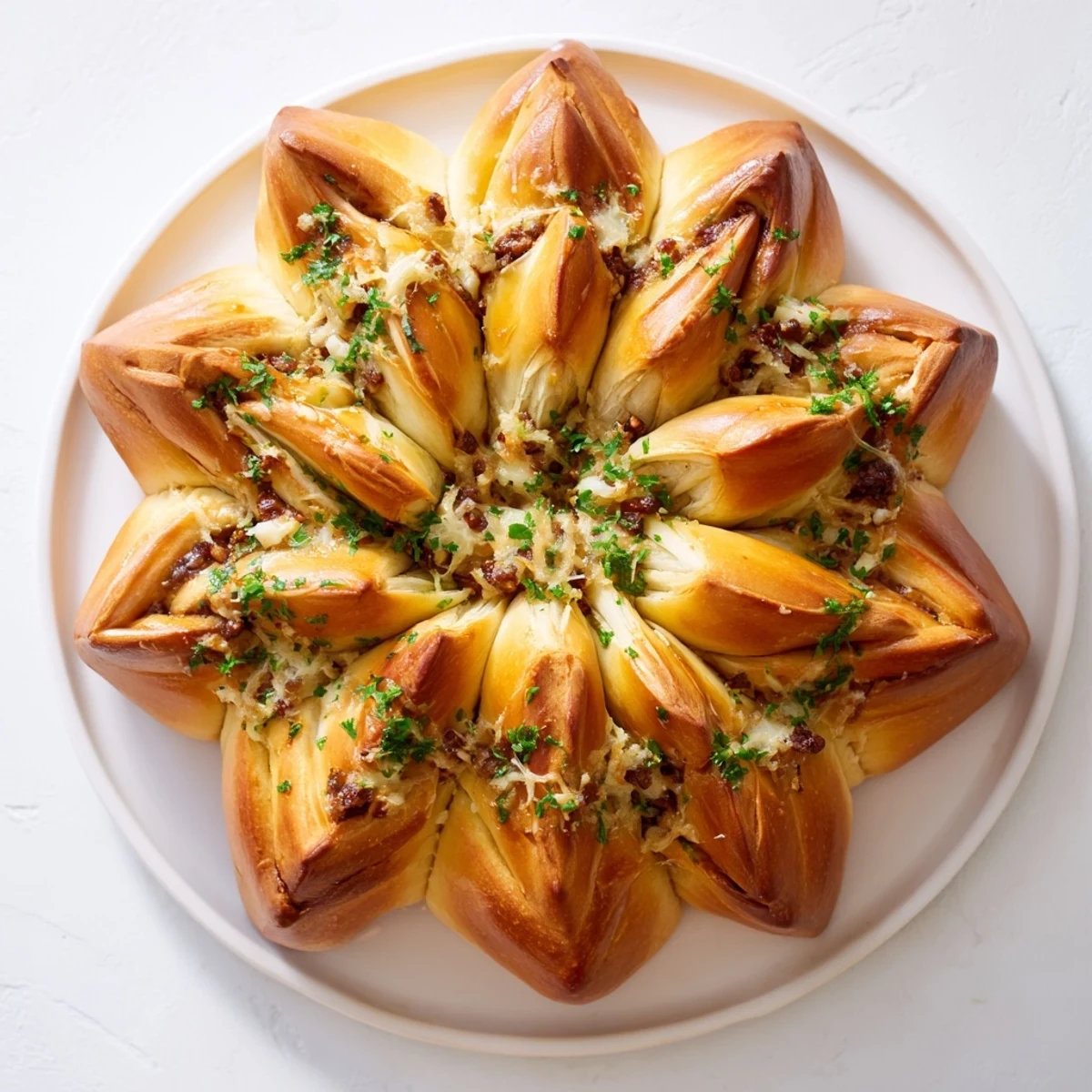 Golden, star-shaped garlic bread, fresh from the oven, ready for sharing at a holiday meal.