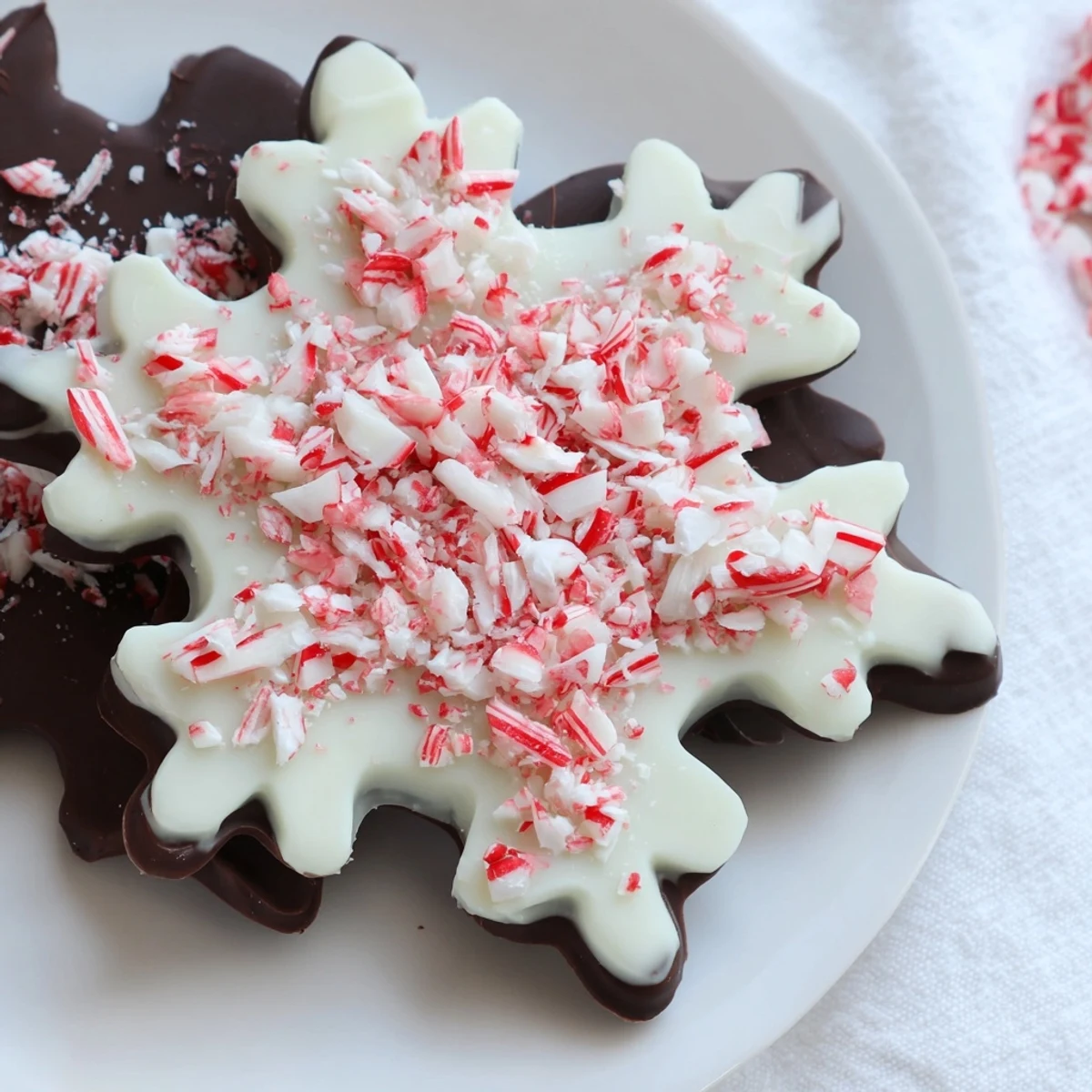 Festive Peppermint Bark Snowflakes: A delightful image of layered chocolate with crushed peppermint topping.