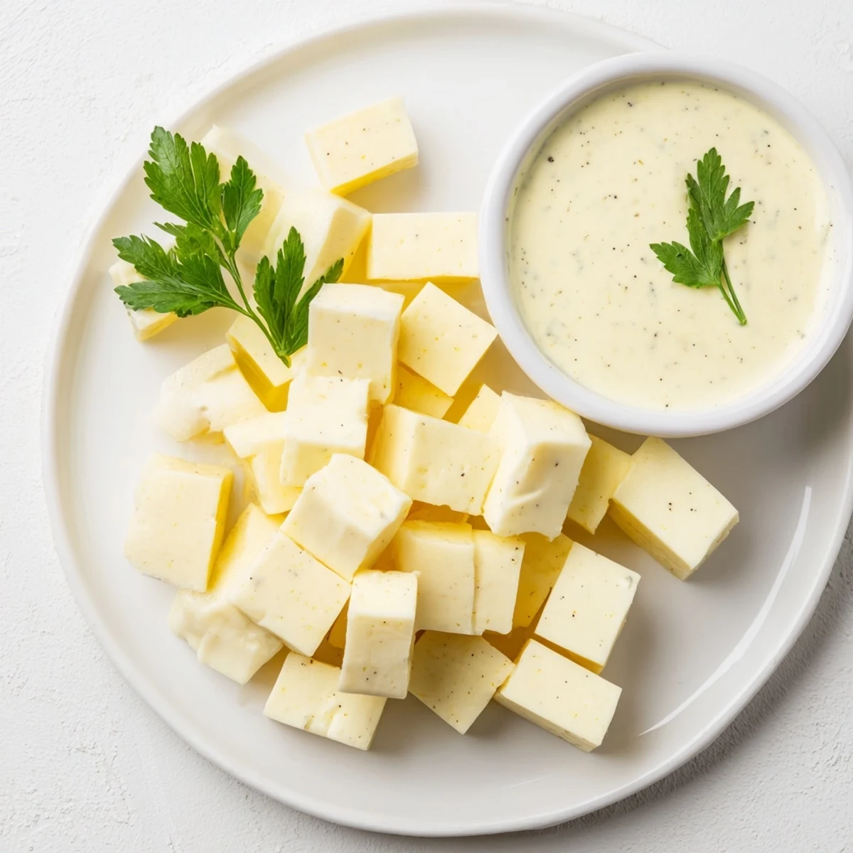 Beautifully arranged cheese platter offering Gouda cubes ready to dip into a tangy mustard sauce.