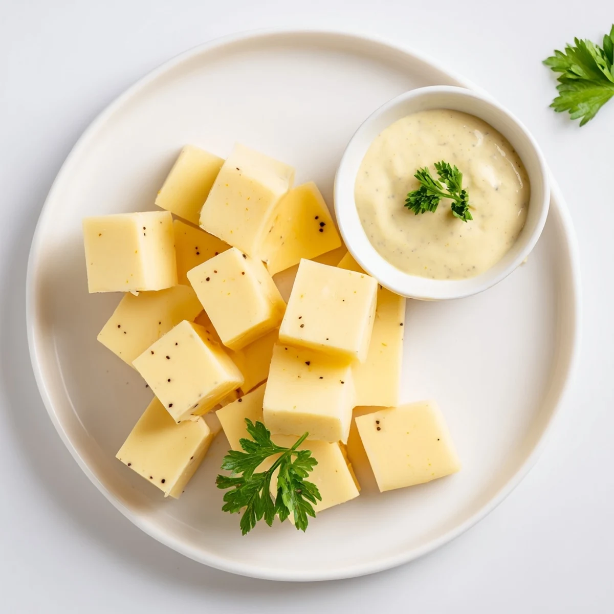 Fresh parsley and grapes complement this cheese platter, highlighting the Gouda with mustard dip.