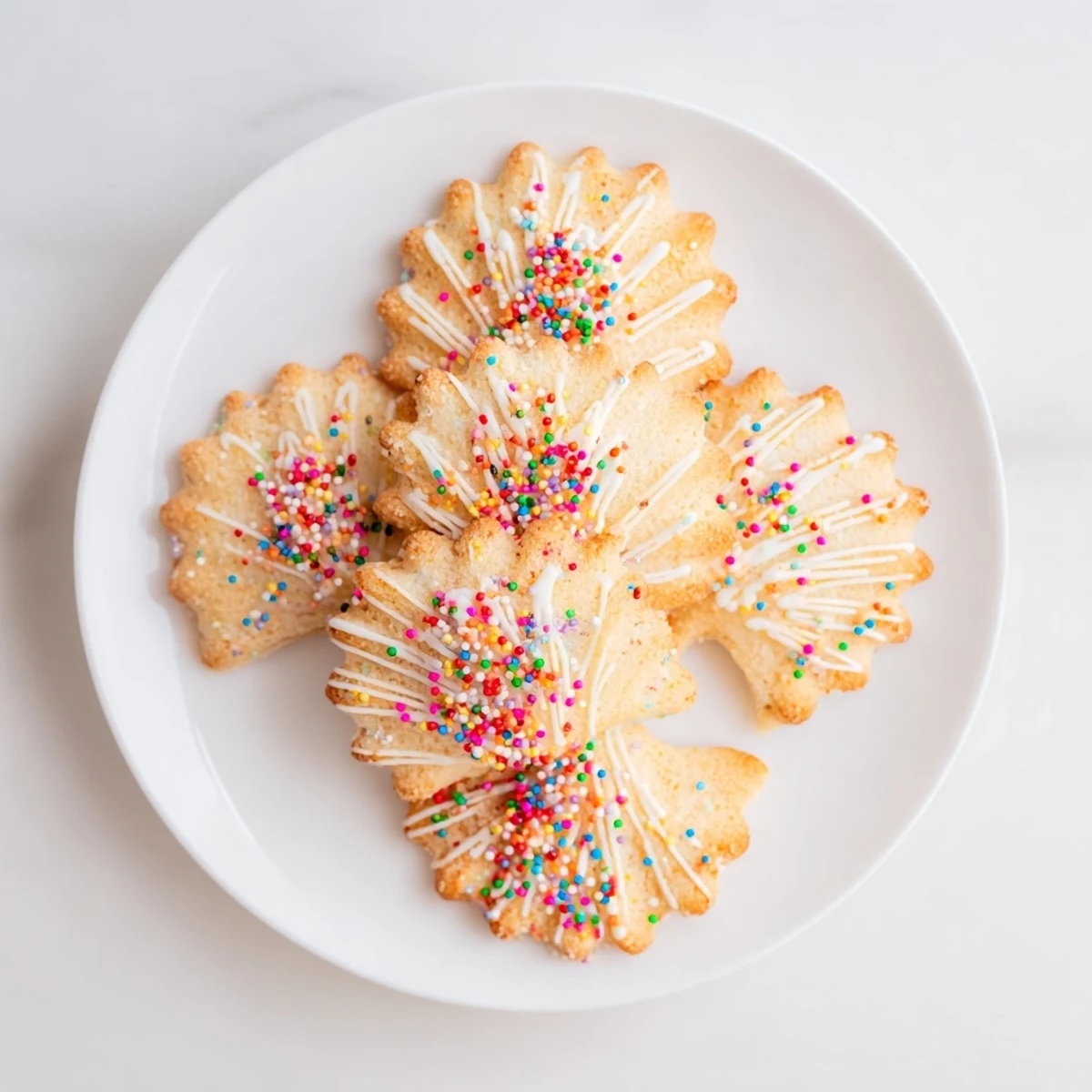 Warm, freshly baked Spritz Cookies in a fan design, a delicious holiday cookie tradition.