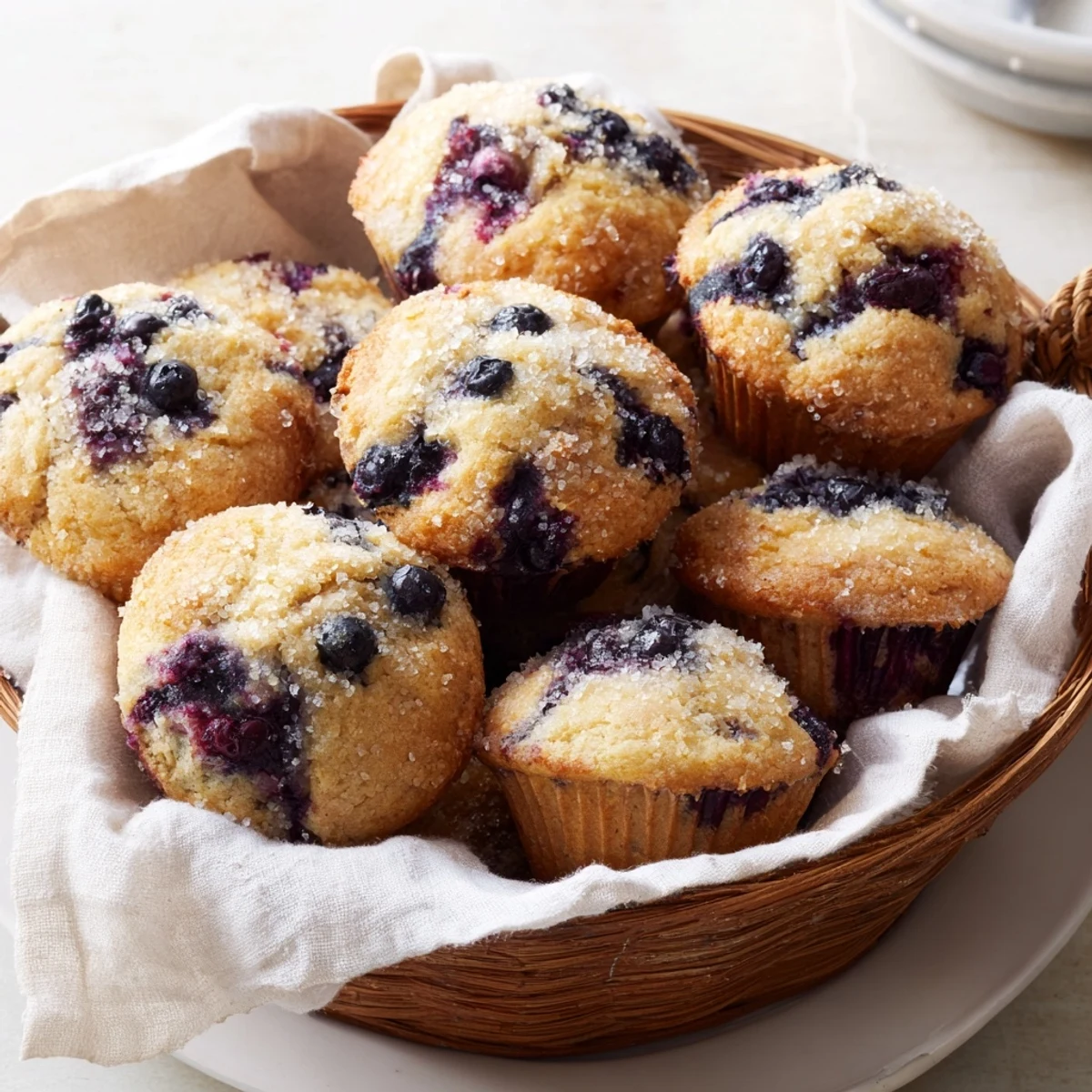 Mini blueberry muffins overflowing a rustic basket, ready for a delicious breakfast spread.