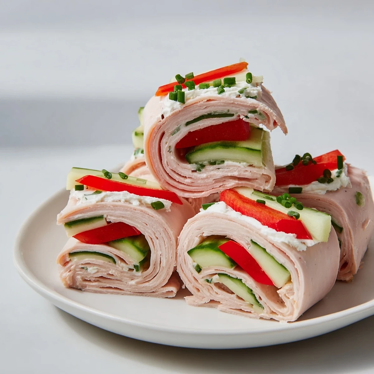 Close-up of fresh Turkey Roll-Ups, showcasing savory turkey and colorful veggie filling.