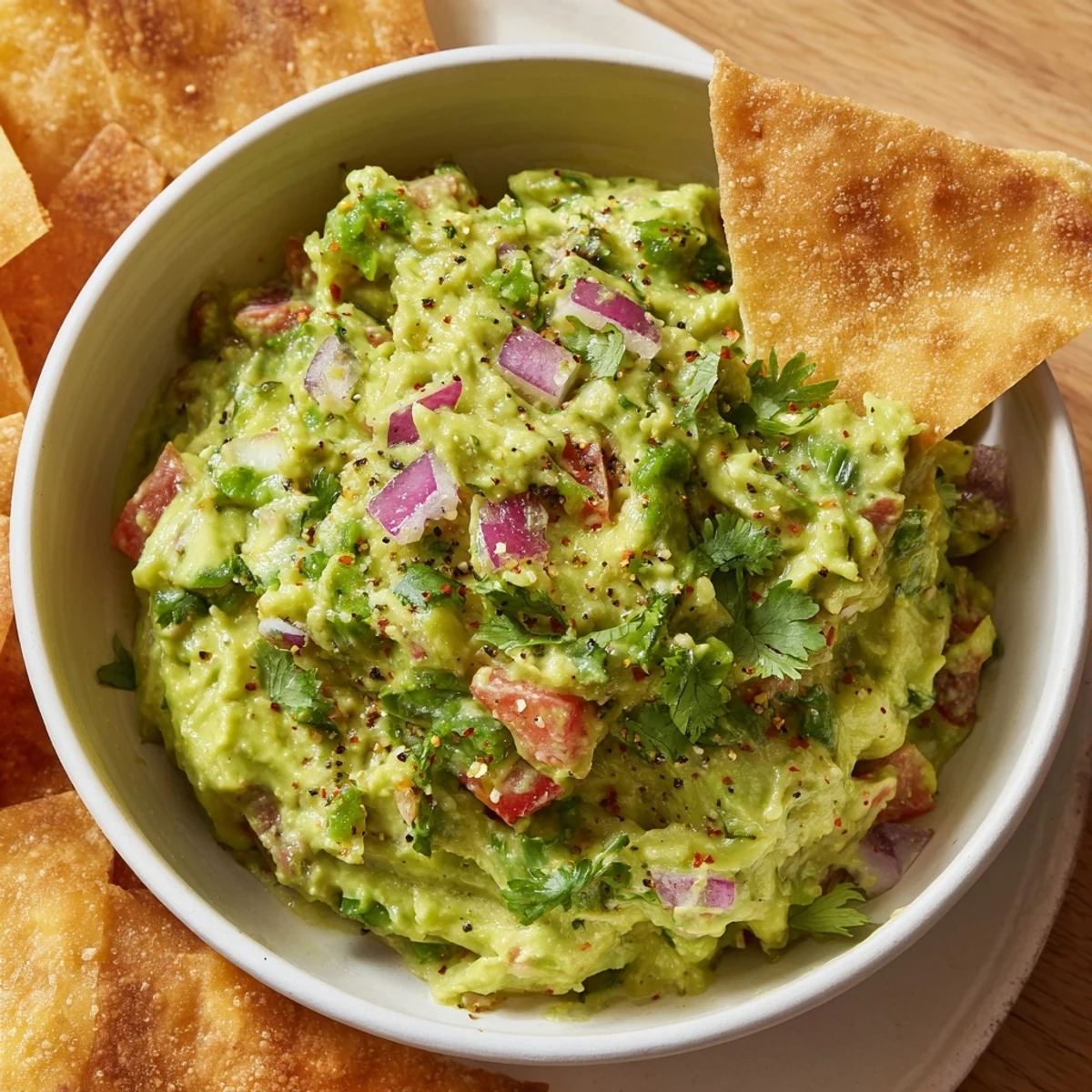A delicious bowl of Pita Chips and Guacamole, with a colorful mix of fresh ingredients.