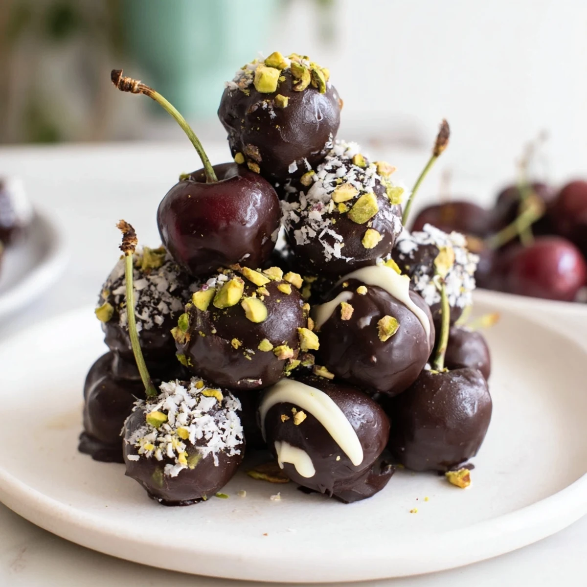 Pyramid of chocolate-covered cherry dessert bites: a beautiful, tempting dessert ready to eat.