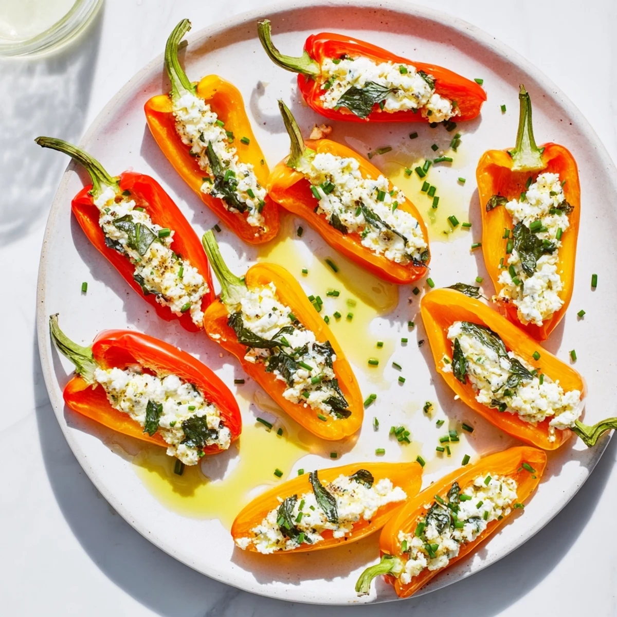 Vibrant mini bell pepper halves brimming with creamy feta filling, ready for a fresh appetizer.