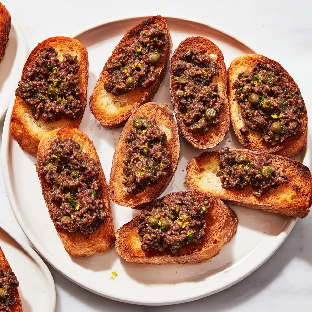 Golden crostini topped with vibrant black olive tapenade, a flavorful appetizer for any party.